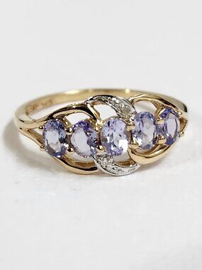 Queen VTG STS 14K Solid Gold Natural Tanzanite 5 Stone Diamond Accents Ring Sz 7